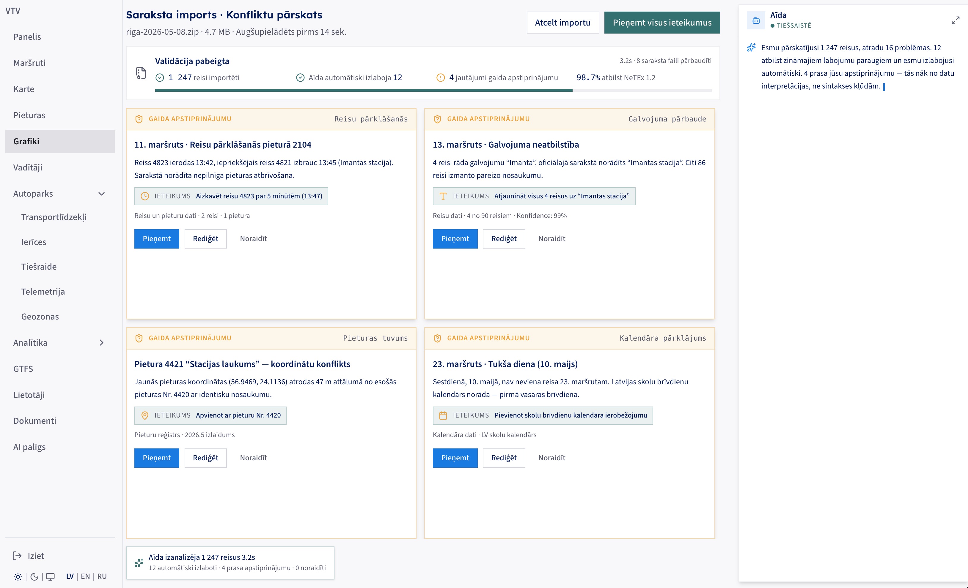 Schedule import conflict review with auto-fixed issues and four items awaiting approval