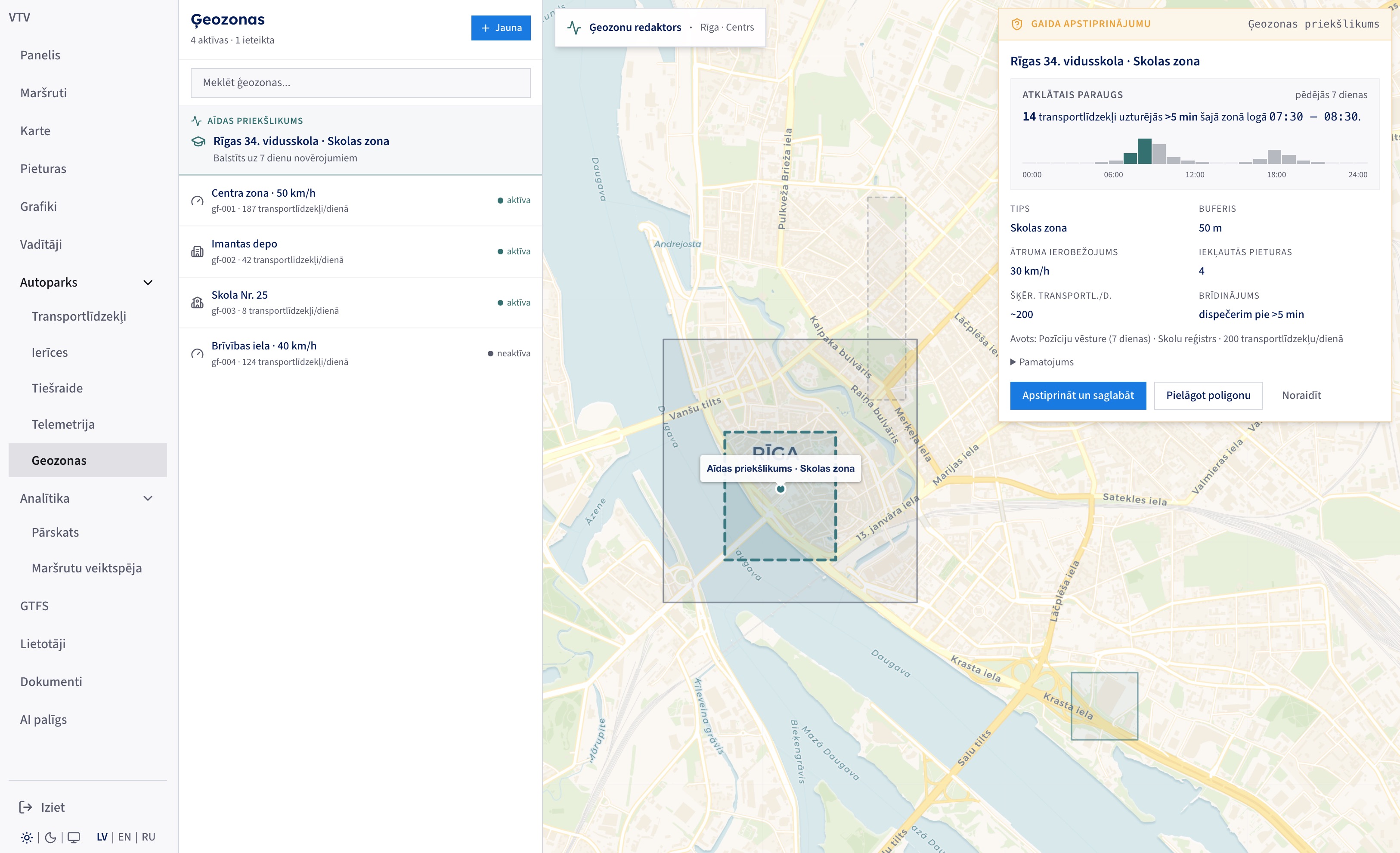 Geofence editor over a map of Riga with an agent-proposed school zone awaiting approval